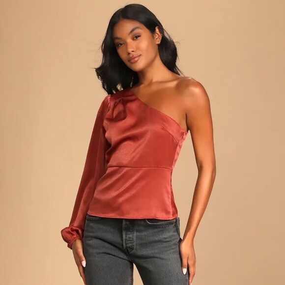 NWT Lulus Meet Me at Happy Hour Marsala Satin One-Shoulder Long Sleeve Top - Picture 1 of 10